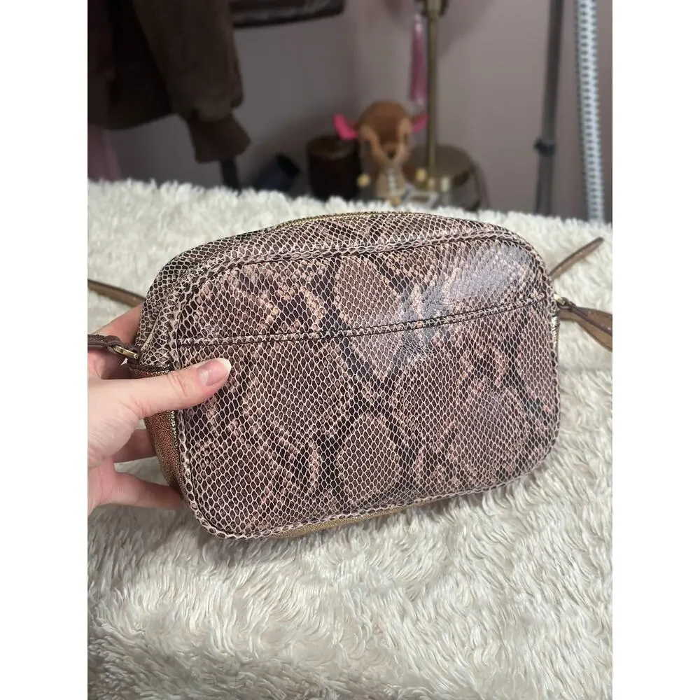 G.I.L.I Snake Embossed Leather Rose Gold Shimmer Crossbody Purse Camera Bag